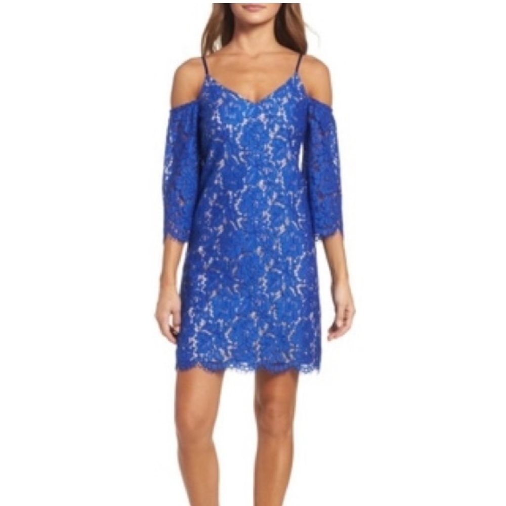 Chelsea Blue Lace Cold Shoulder 3/4 sleeve shift Dress evening mini size 12